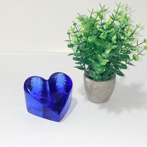 Fire and Light Lg Recycled Art Glass Heart Cobalt Blue Paperweight, Signed 2000